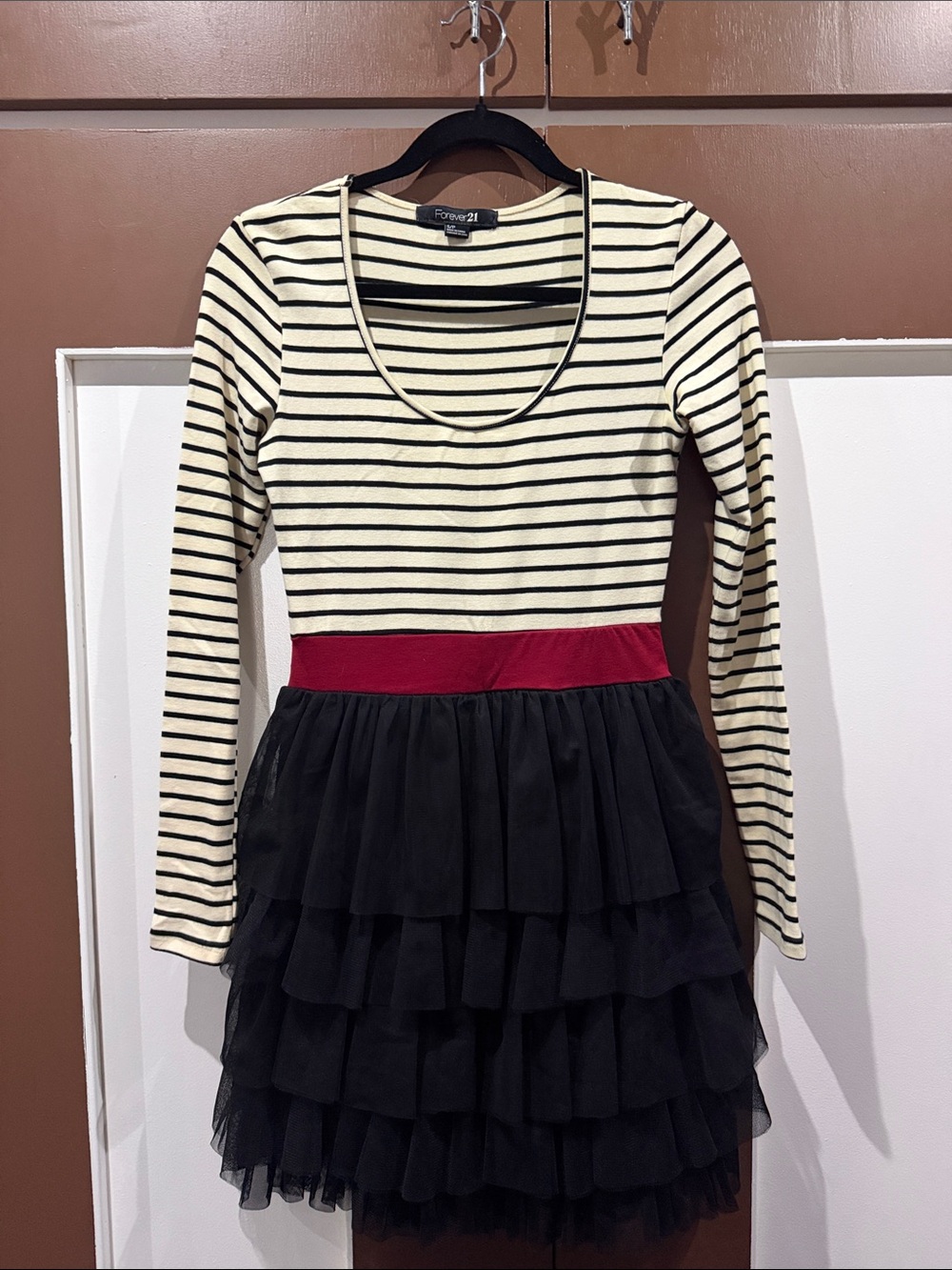 Forever 21 Cream and Black Striped Long Sleeve Dress with Red Waistband